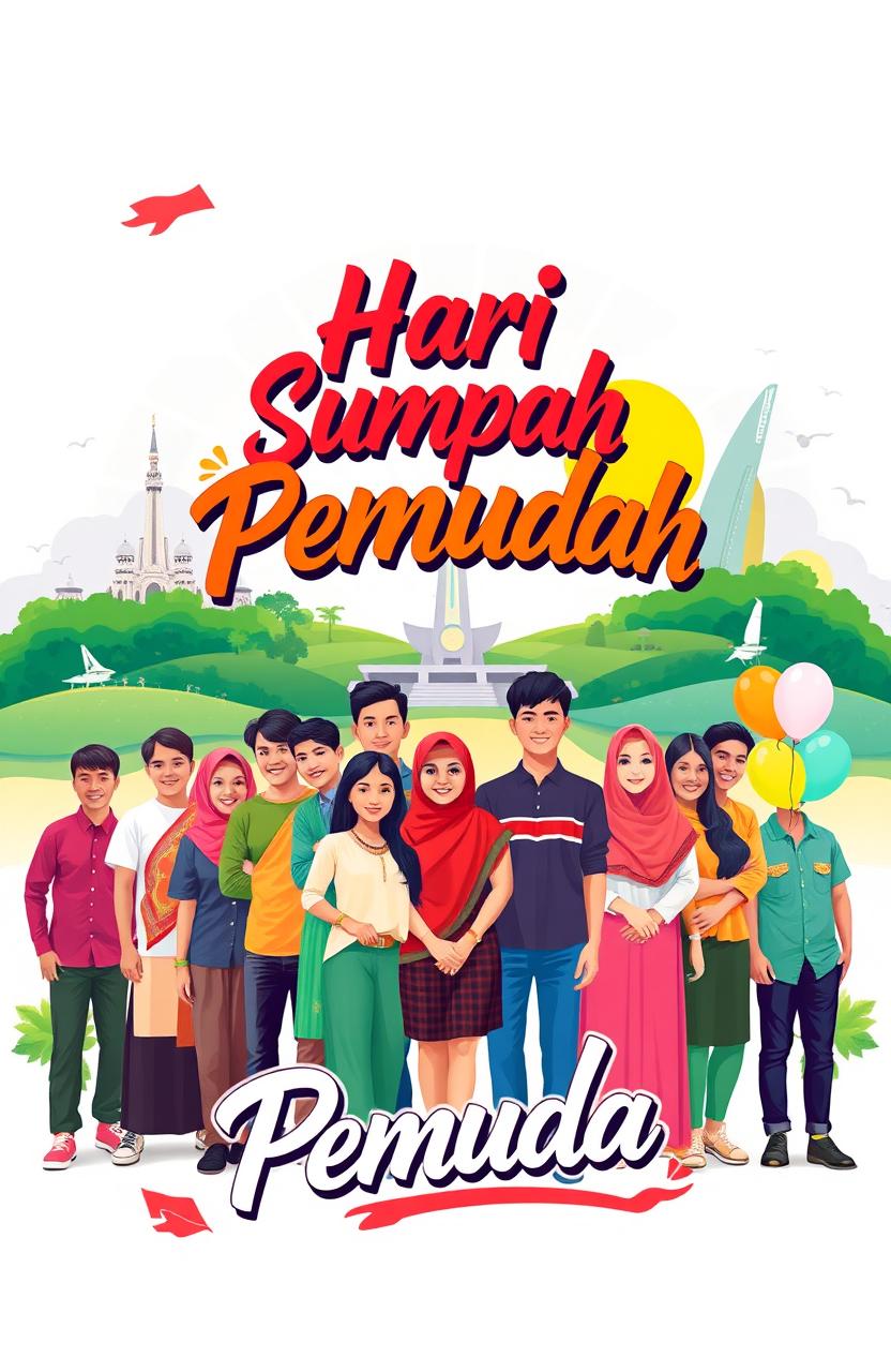 A vibrant and dynamic graphic design celebrating the 'Hari Sumpah Pemuda', featuring a diverse group of young people of various ethnic backgrounds standing together with expressions of determination and unity