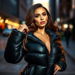 An alluring young woman striking a confident pose in a snug, shiny black puffer jacket that accentuates her curvy figure and emphasizes her big bust