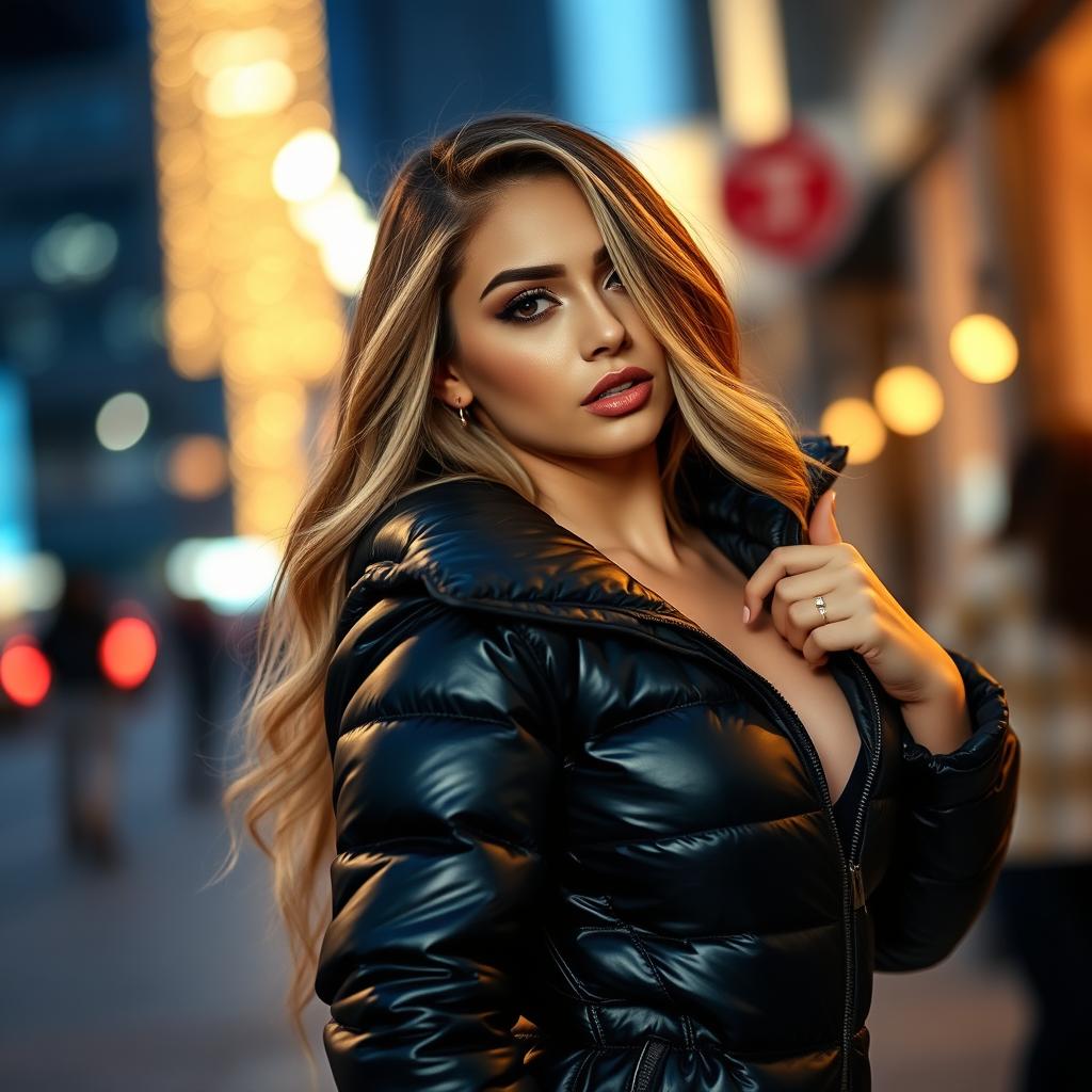 An alluring young woman striking a confident pose in a snug, shiny black puffer jacket that accentuates her curvy figure and emphasizes her big bust