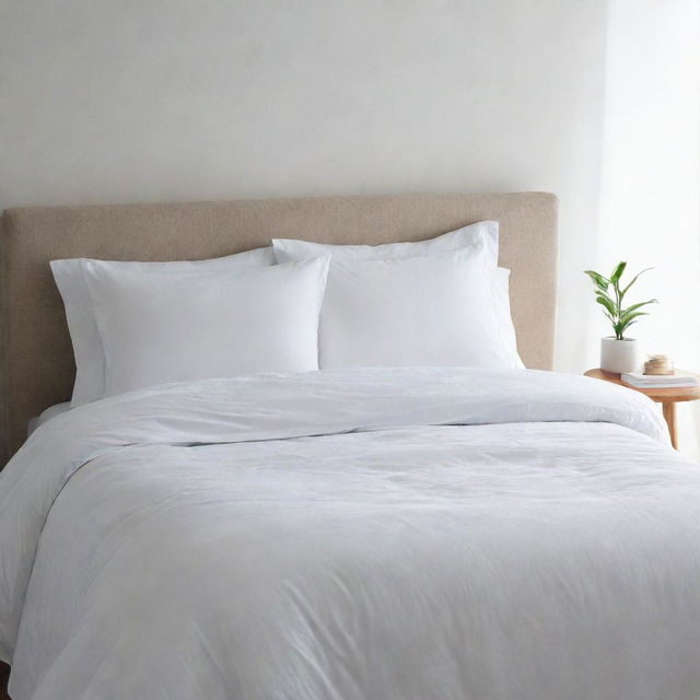 A slimmer white bed comforter, minimalistic yet inviting, resting lightly on a bed.