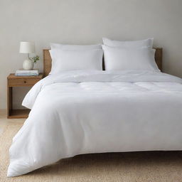 A slimmer white bed comforter, minimalistic yet inviting, resting lightly on a bed.