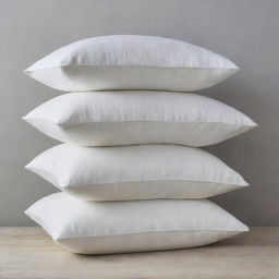 Three white cushions, varying sizes, carefully stacked upon each other, showcasing their plush depth and texture.