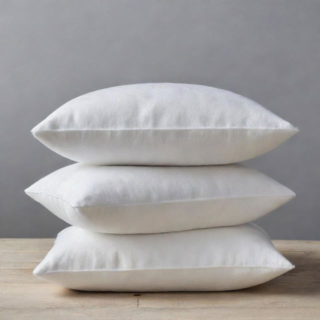 Three white cushions, varying sizes, carefully stacked upon each other, showcasing their plush depth and texture.