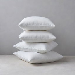 Three white cushions, varying sizes, carefully stacked upon each other, showcasing their plush depth and texture.