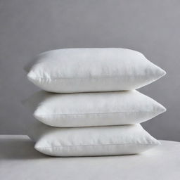 Three white cushions, varying sizes, carefully stacked upon each other, showcasing their plush depth and texture.