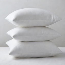 Three white pillows, of differing sizes, stacked neatly upon one another, their fabric crisp and clean.