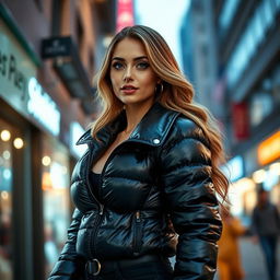 A beautiful young woman confidently showcasing her style in a tight, shiny black puffer jacket that hugs her curves and highlights her big bust