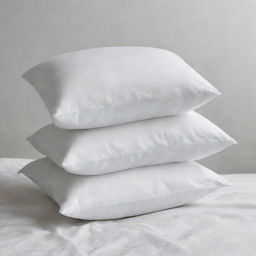 Three white pillows, of differing sizes, stacked neatly upon one another, their fabric crisp and clean.