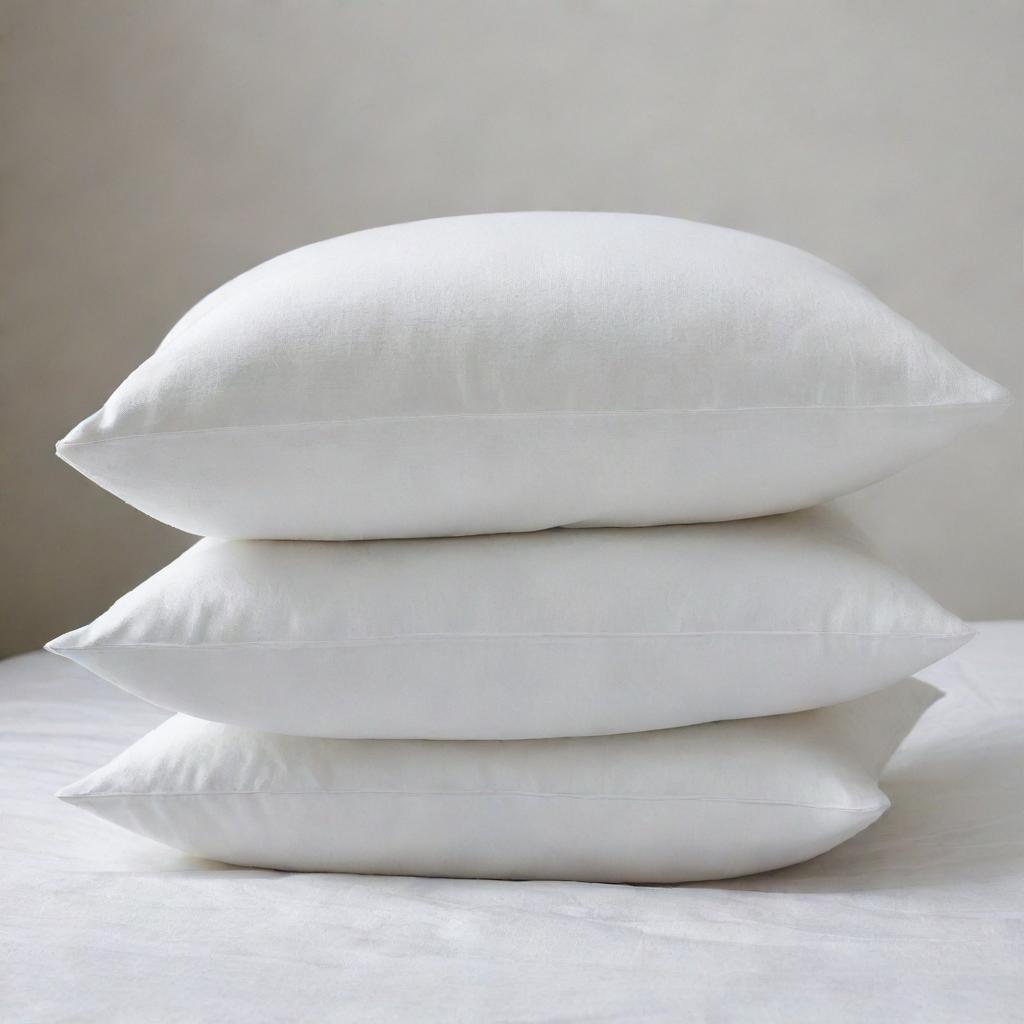 Three white pillows, of differing sizes, stacked neatly upon one another, their fabric crisp and clean.