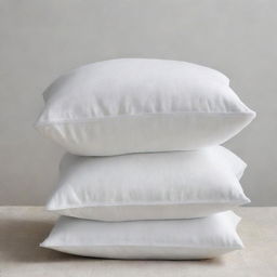 Three white pillows, of differing sizes, stacked neatly upon one another, their fabric crisp and clean.