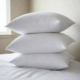 Three Queen-size white pillows, stacked neatly one over the other, their plushness accentuated by their crisp whiteness.