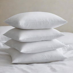 Three Queen-size white pillows, stacked neatly one over the other, their plushness accentuated by their crisp whiteness.