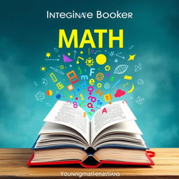 A captivating math book cover design featuring a large, open book at the center, with vibrant mathematical symbols and equations rising out of its pages, swirling in an upward motion