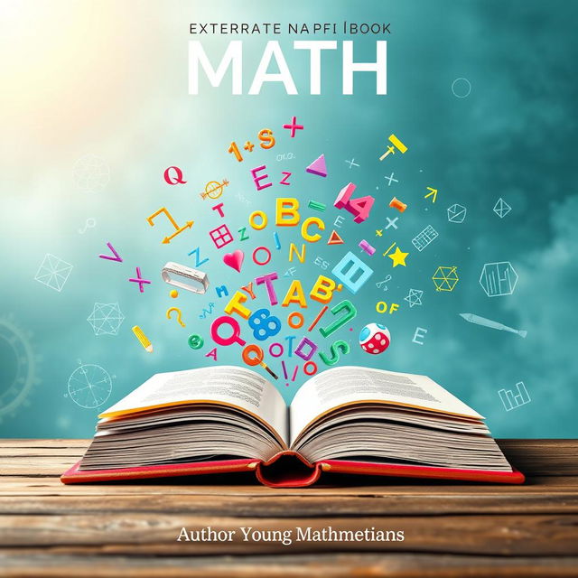 A captivating math book cover design featuring a large, open book at the center, with vibrant mathematical symbols and equations rising out of its pages, swirling in an upward motion