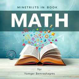 A captivating math book cover design featuring a large, open book at the center, with vibrant mathematical symbols and equations rising out of its pages, swirling in an upward motion