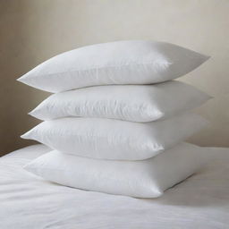 Three Queen-size white pillows, stacked neatly one over the other, their plushness accentuated by their crisp whiteness.