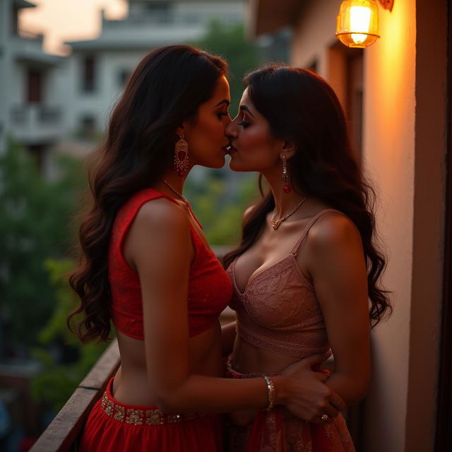 A sensual scene depicting Nushrat Bharucha as a sexy bhabhi, dressed in a stylish short skirt that highlights her beauty