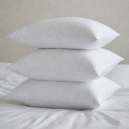 Three Queen-size white pillows, stacked neatly one over the other, their plushness accentuated by their crisp whiteness.