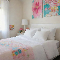 Three queen-size white pillows, stacked in the background of a brightly decorated girl's bedroom, adding a note of calm to the vibrant surroundings.