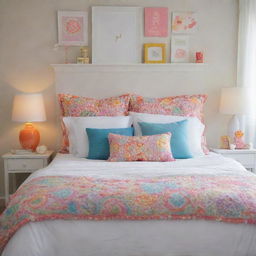 Three queen-size white pillows, stacked in the background of a brightly decorated girl's bedroom, adding a note of calm to the vibrant surroundings.