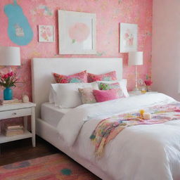 Three queen-size white pillows, stacked in the background of a brightly decorated girl's bedroom, adding a note of calm to the vibrant surroundings.