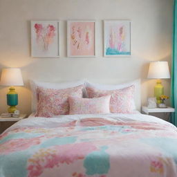 Three queen-size white pillows, stacked in the background of a brightly decorated girl's bedroom, adding a note of calm to the vibrant surroundings.