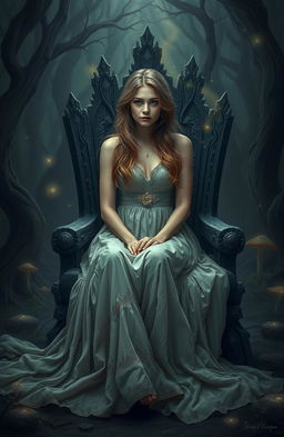 A beautiful fallen princess, dressed in a tattered yet elegant gown, sitting on a stone throne in a dark, enchanted forest