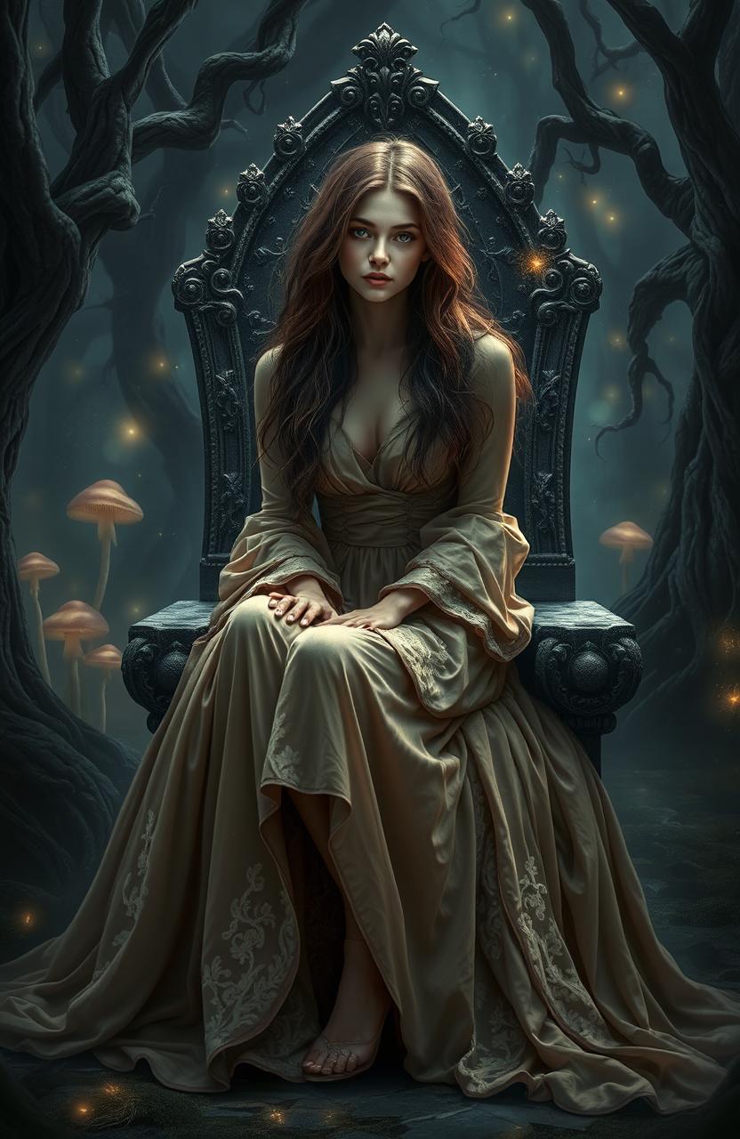 A beautiful fallen princess, dressed in a tattered yet elegant gown, sitting on a stone throne in a dark, enchanted forest