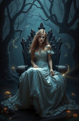 A beautiful fallen princess, dressed in a tattered yet elegant gown, sitting on a stone throne in a dark, enchanted forest