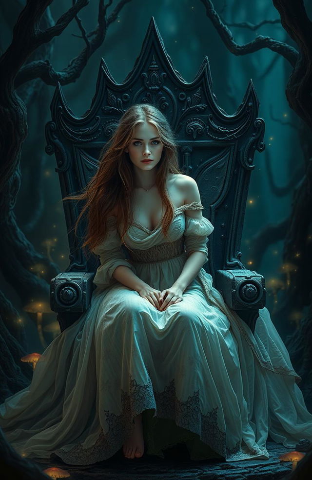 A beautiful fallen princess, dressed in a tattered yet elegant gown, sitting on a stone throne in a dark, enchanted forest