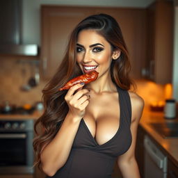 A sexy woman with long, flowing brunette hair wearing a form-fitting, stylish outfit that highlights her figure, sensually eating a salami sausage