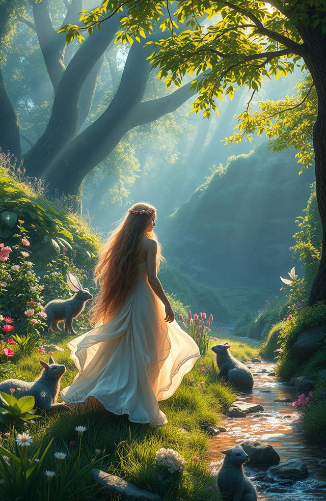 A beautiful, ethereal landscape featuring a lost princess wandering through an enchanted forest