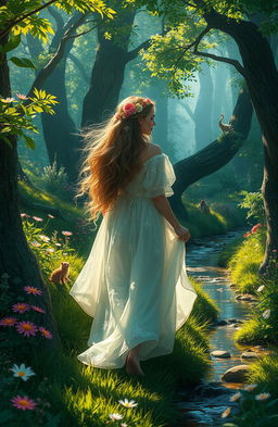 A beautiful, ethereal landscape featuring a lost princess wandering through an enchanted forest