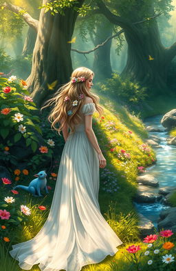 A beautiful, ethereal landscape featuring a lost princess wandering through an enchanted forest