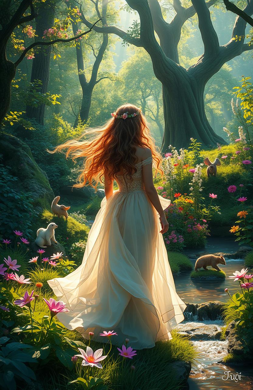 A beautiful, ethereal landscape featuring a lost princess wandering through an enchanted forest