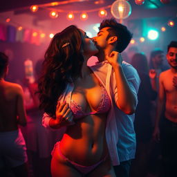 A sensual portrayal of Nushrat Bharucha in a bikini bottom, exuding allure at a lively house party