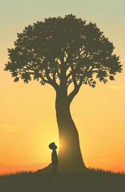A silhouette of a young boy standing beneath a large tree, where the silhouette of the tree resembles the figure of a mother