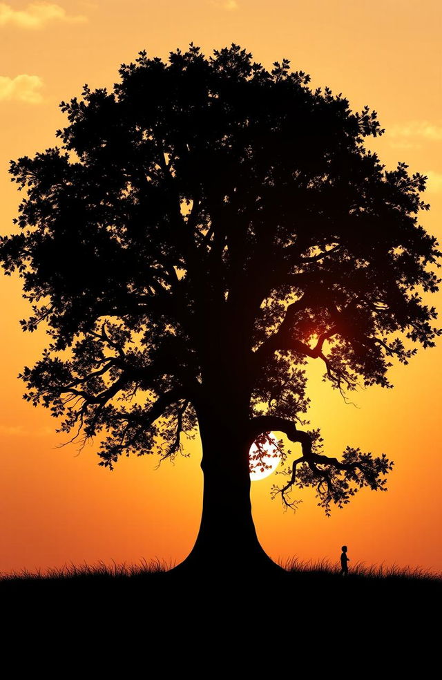 A silhouette of a young boy standing beneath a large tree, where the silhouette of the tree resembles the figure of a mother