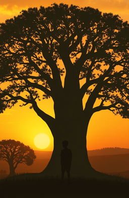 A silhouette of a young boy standing beneath a large tree, where the silhouette of the tree resembles the figure of a mother