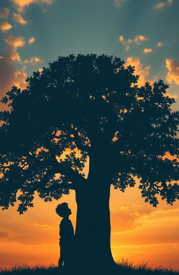 A silhouette of a young boy standing beneath a large tree, where the silhouette of the tree resembles the figure of a mother