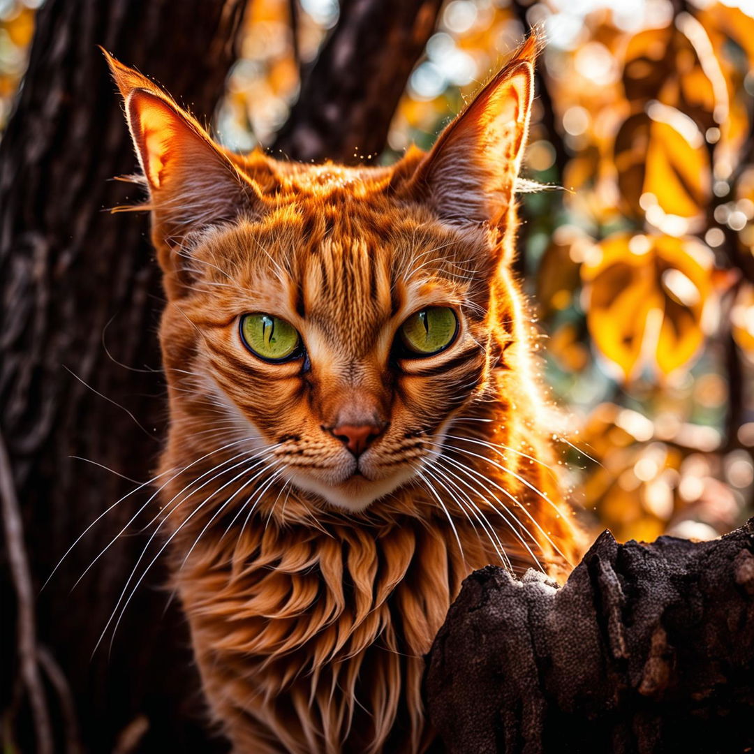 Professional photograph of a vibrant ginger cat in natural surroundings, captured in raw and unfiltered detail.