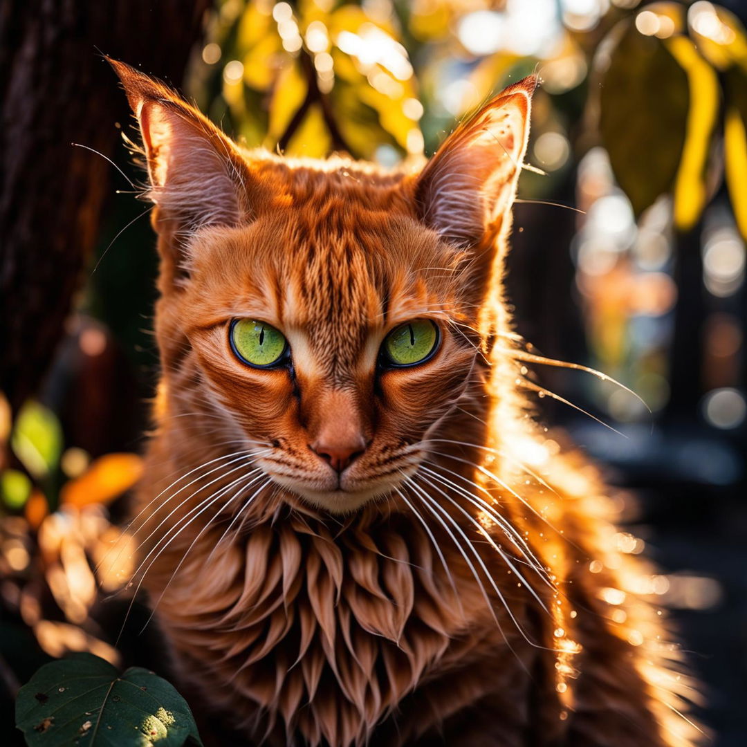 Professional photography style image of a vibrant ginger cat in natural surroundings, captured in raw and unfiltered detail.