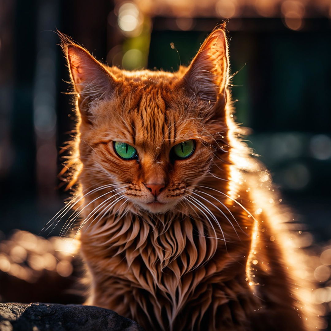 A vibrant ginger cat captured with a Sony A7 IV camera, sitting upright with its tail curled around its paws against a blurred background.