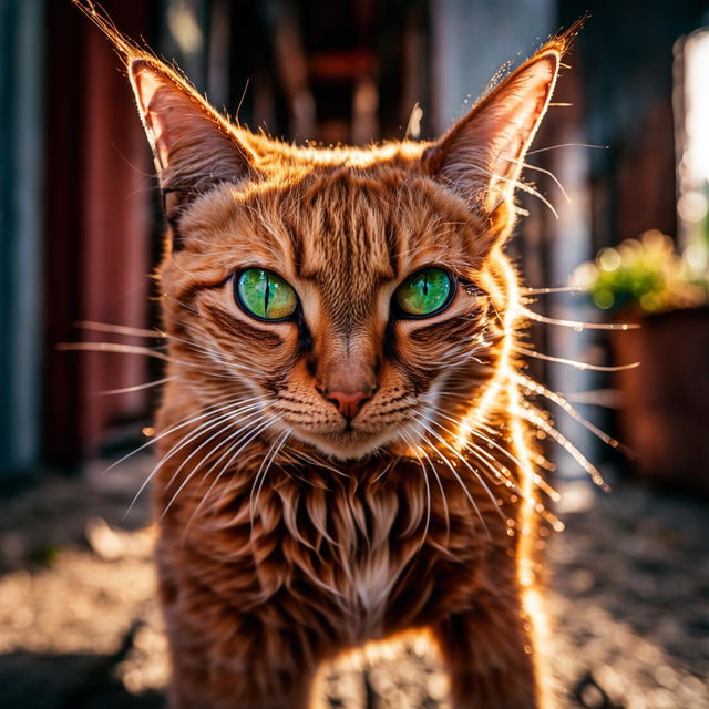 A vibrant ginger cat captured with a Sony A7 IV camera using a 22mm lens, sitting upright with its tail curled around its paws against a wide-angle background.