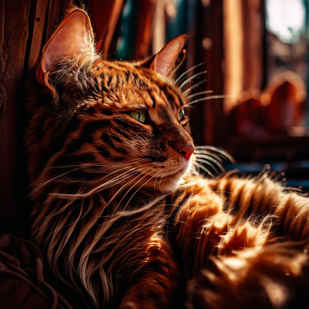 High-resolution photograph of a vibrant ginger cat lounging in afternoon sun, taken with a Canon EOS R5.