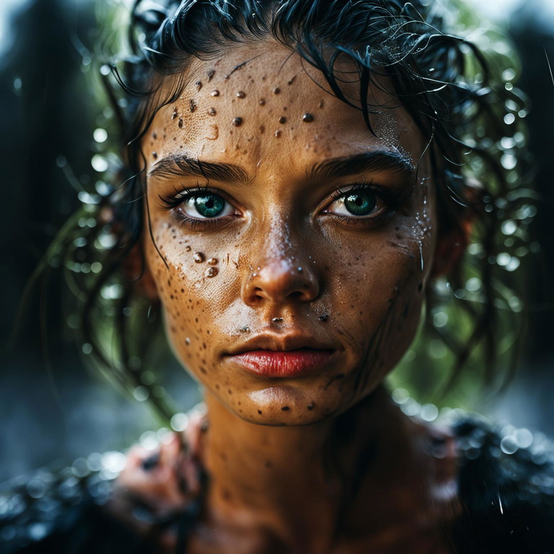 Medium shot portrait of a woman with striking sea-green eyes and skin speckled with rain against a blurred background. Her wet hair is in dark strands and a gentle light source creates a soft glow on her face.