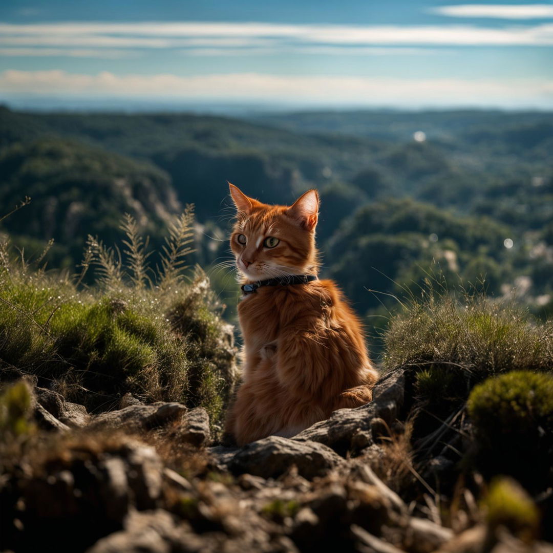 Extreme long shot of a ginger cat in a vast landscape, taken with a Canon EOS R5.