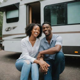 A young and joyous black couple sitting together in front of a modern RV, their faces aglow with happiness and positivity.