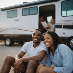 A young and joyous black couple sitting together in front of a modern RV, their faces aglow with happiness and positivity.