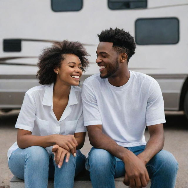 A young and joyous black couple sitting together in front of a modern RV, their faces aglow with happiness and positivity.